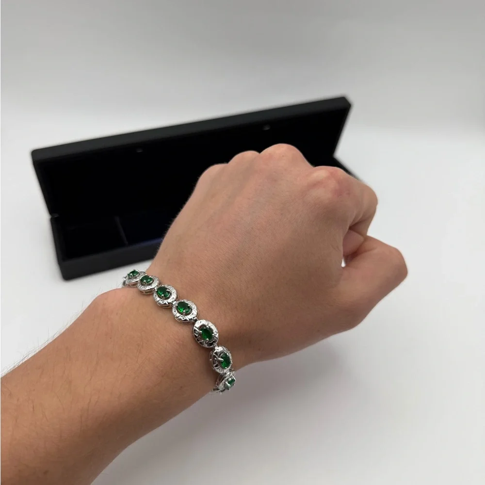 Silver Emerald Oval Halo Bracelet - Picture 5 of 8